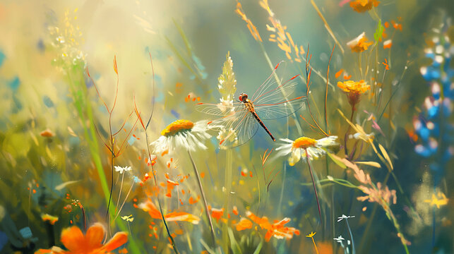 Libélula voando entre as flores no jardim - Pintura a Óleo