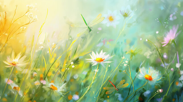 Libélula voando entre as flores no jardim - Pintura a Óleo