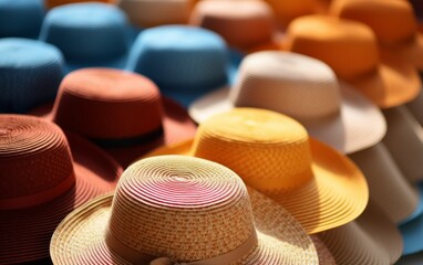 A diverse group of stylish hats arranged neatly on a wooden table - Powered by Adobe