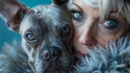 Close-up of a woman with blue eyes cuddling a grey dog, conveying a bond between pet and owner.