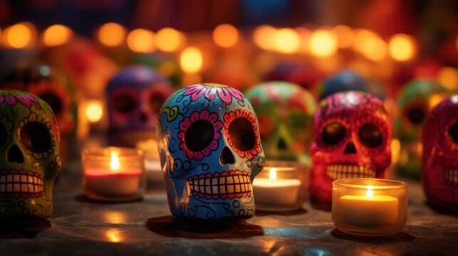 Intricately crafted sugar skull illuminated by candles, capturing the essence of Mardi Gras and the occult.