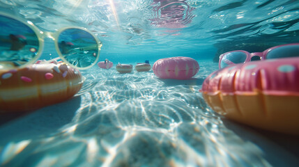 Underwater view with sunbeams, floating pool toys, and clear blue water.