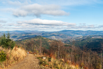 Autumn Beskid Slaski mountains from hiking trail bellow Wielki Stozek hill in Poland - obrazy, fototapety, plakaty