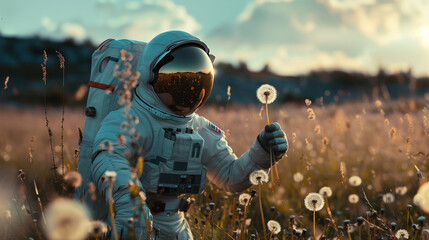 Astronaut in spacesuit holding a dandelion in a field at sunset, concept of exploration and nature. - obrazy, fototapety, plakaty