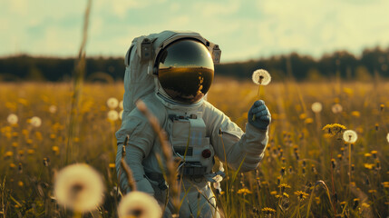 Astronaut in spacesuit holding a dandelion in a field at sunset, concept of exploration and nature.