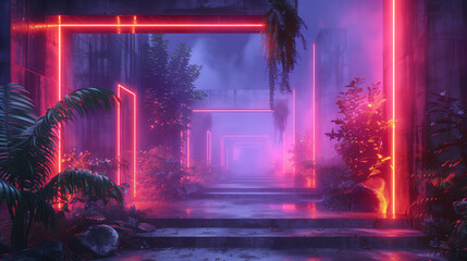Futuristic neon-lit alley with tropical plants, exuding a cyberpunk ambiance.