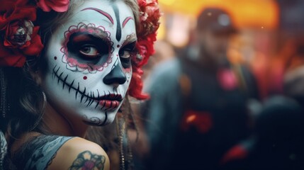 Festive darkness in a portrait-a girl with sugar skull makeup at the Mardi Gras festival.