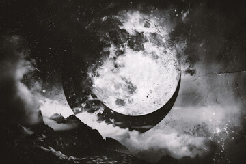The moon in the night sky. Collage - obrazy, fototapety, plakaty