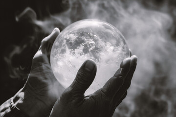 Black and white image of a woman's hands holding a crystal ball - obrazy, fototapety, plakaty