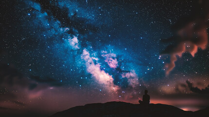Silhouette of a man sitting on a rock and looking at the milky way - obrazy, fototapety, plakaty