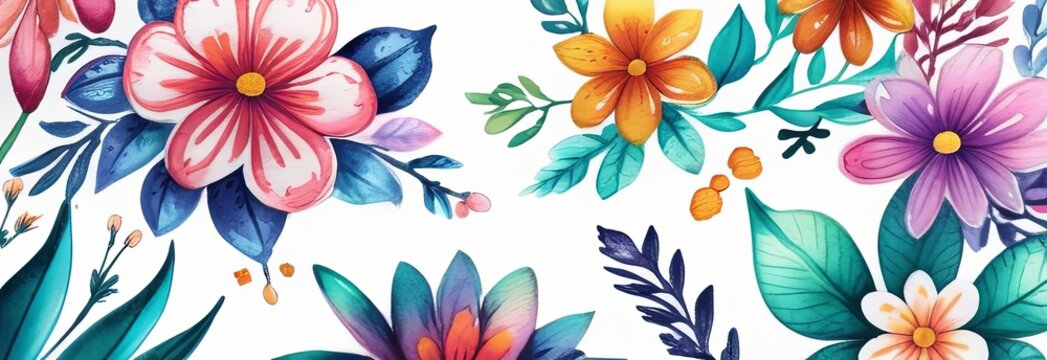 Colorful, intricate painting of flowers, showcasing variety of vibrant hues, all beautifully contrasted against white background. For website design, advertising, greeting card, poster, magazine.