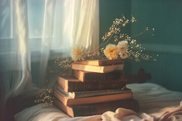 A stack of old books and a burning candle on the windowsill - obrazy, fototapety, plakaty