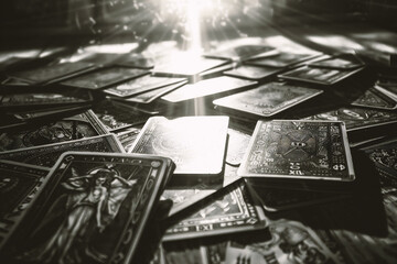 Pile of old tarot cards. Black and white photo - obrazy, fototapety, plakaty