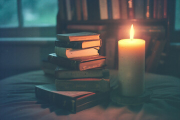 A stack of old books and a burning candle on the windowsill