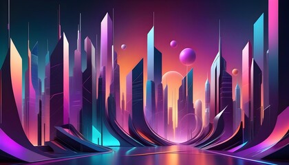Futuristic cityscape with neon lights and abstract skyscrapers under a twilight sky.