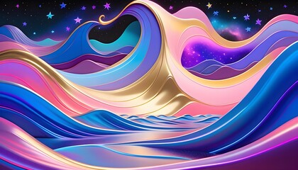 Abstract colorful waves with heart shapes in a cosmic setting with stars.