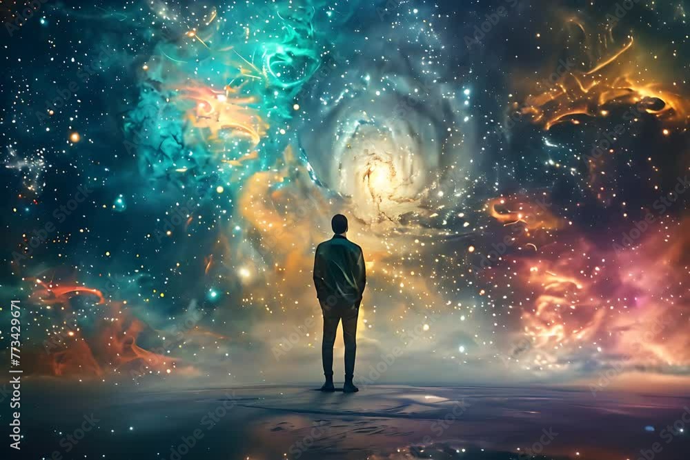 Poster a man is standing in the middle of a vast space shimmering with countless stars. he is surrounded by