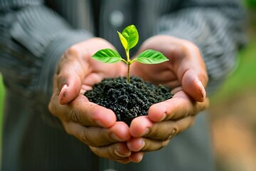 A person gently holds a small green plant in their hands, displaying it up close. The plants leaves and stem are clearly visible as the individual examines it closely