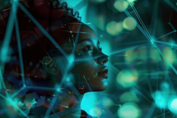 stock market image of a young woman with an abstract background - obrazy, fototapety, plakaty