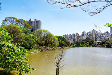 Residential buildings on the edge of a lake with many trees. Blue sky with clouds. City of Belo...