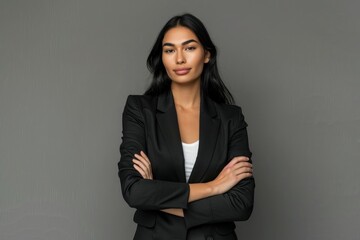 young businesswoman with arms crossed poses while standing on a grey background