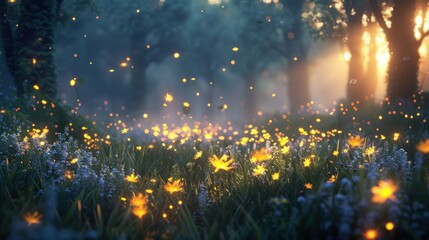 A secluded meadow at dusk, with fireflies dancing in the twilight, inspiring appreciation for the beauty of natural ecosystems. - obrazy, fototapety, plakaty