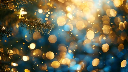 Defocused gold and blue christmas lights Useful background for christmas and general celebration - obrazy, fototapety, plakaty