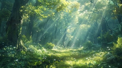 A serene forest glade, dappled sunlight filtering through the lush canopy, showcasing the beauty of untouched nature. - obrazy, fototapety, plakaty