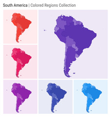 South America. Map collection. Continent shape. Colored countries. Deep Purple, Red, Pink, Purple, Indigo, Blue color palettes. Border of South America with countries. Vector illustration.