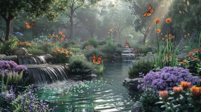 A tranquil garden oasis, with butterflies flitting among blooming flowers, celebrating the beauty of sustainable landscaping.