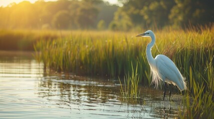 A tranquil wetland marsh, with herons wading through the shallows, emphasizing the importance of preserving vital habitat for migratory birds.