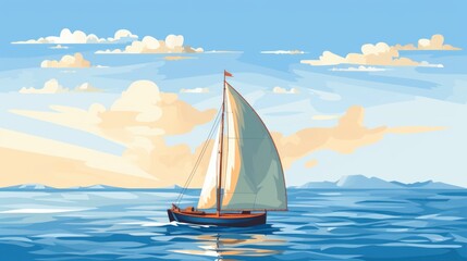 Fototapeta premium Sailing into sunset, tranquil sea, warm sky, distant horizon mountain range