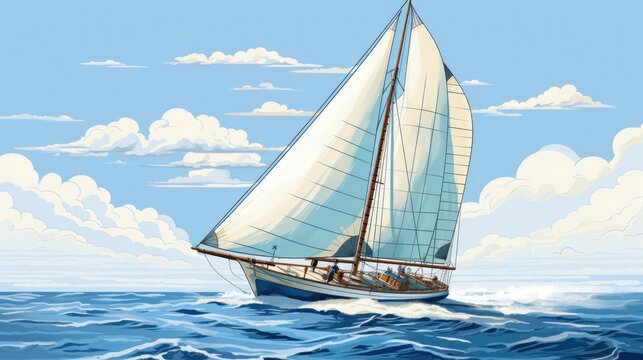 Oceanic adventure: an artistic rendering of a sailboat sailing under a picturesque blue sky.