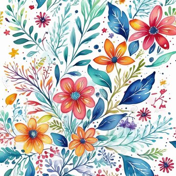 Colorful, intricate painting of flowers, showcasing variety of vibrant hues, delicate details, all beautifully contrasted against white background. For website design, advertising, poster, magazine.
