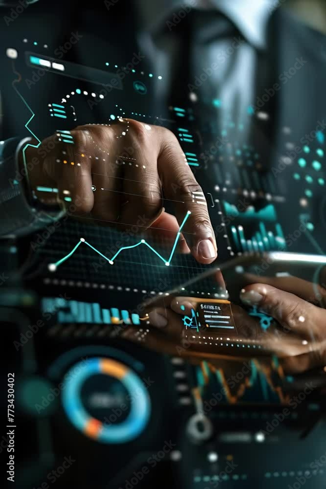 Poster doing business with technology, is shown using a tablet computer.