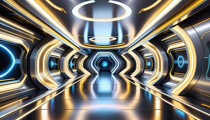 Futuristic sci-fi corridor with glowing neon lights and a sleek, modern design, conveying advanced...