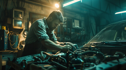 An expert technician meticulously tuning an engine in a dimly lit auto repair garage - obrazy, fototapety, plakaty