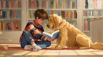 Young boy reading with his golden retriever in a cozy home library. A heartwarming and serene scene. Perfect for family-friendly content. AI