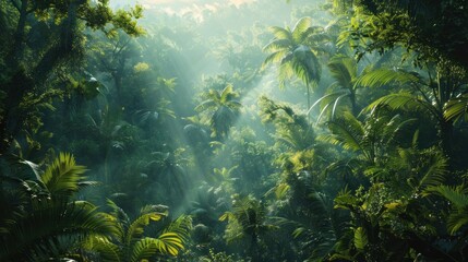 A lush rainforest canopy, alive with the sounds of diverse wildlife, underscoring the urgency of forest conservation. - obrazy, fototapety, plakaty