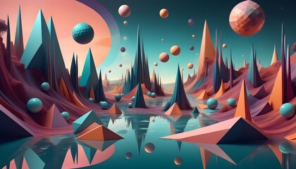 Surreal alien landscape with colorful geometric mountains, floating orbs, and a reflective water...