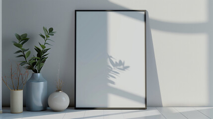 Modern room, mockup for a picture or poster with frame standing on the floor, created with generative AI technology