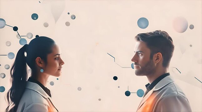 A man and a woman are seen standing next to each other. They appear to be engaged in conversation or simply sharing a moment together