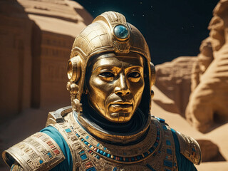 Fototapeta na wymiar closeup of astronaut in ancient egyptian space suit looking like futuristic pharaoh ancient temple buildings in back, generative AI