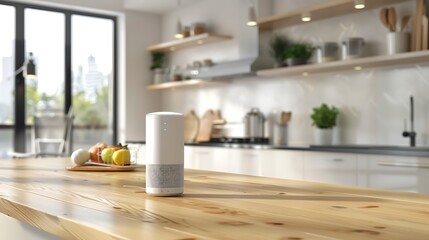 Empty modern luxurious kitchen with smart speaker