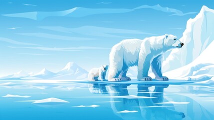 A heartwarming scene unfolds in this drawing as a polar bear mother and her cub navigate ice floes. - obrazy, fototapety, plakaty