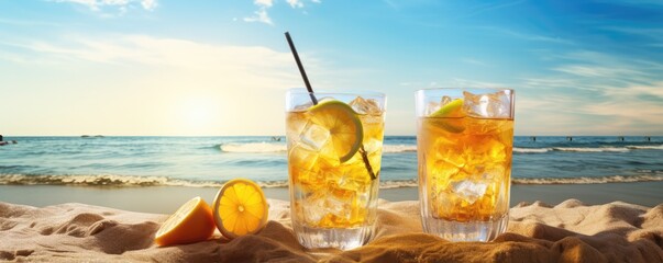 refreshing cocktail on a sandy beach with a slice of orange, a scenic tropical backdrop enhances the summer vibe
