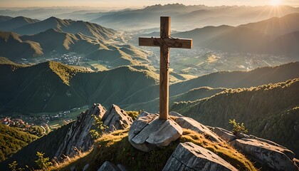 Wooden cross in the mountains at sunset. - obrazy, fototapety, plakaty