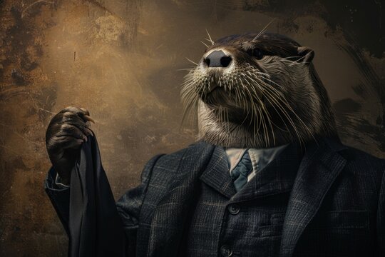 otter holding a tie looking on in a suit - Powered by Adobe