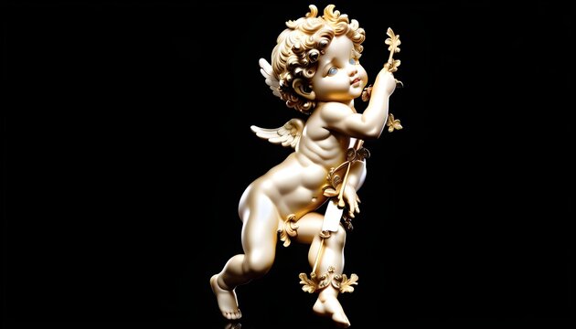 Baroque style cherub statue with golden accents on a black background. - Powered by Adobe