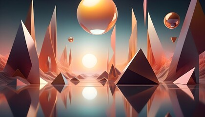 Abstract futuristic landscape with geometric shapes and floating spheres against a warm sky.